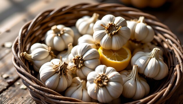 Garlic Bulbs Woven Basket with Citrus Fruits