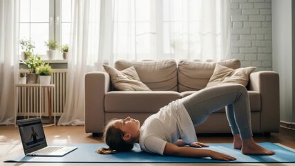 Young girl in white shirt grey leggings performs bridge pose on blue mat guided by laptop fitness video Bright living room with couch window and plants