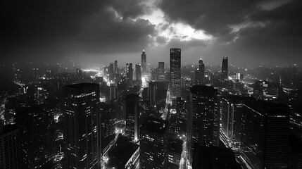Black and White Aerial View of Urban Skyline with Skyscrapers and Dramatic Sky