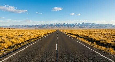 Naklejka premium A straight road leading towards distant snow capped mountains under a blue sky