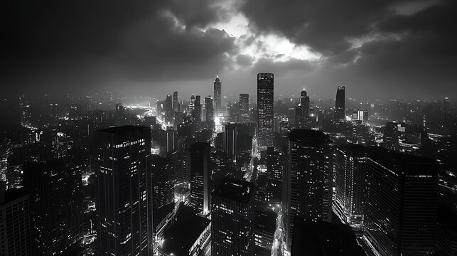 Fototapeta Black and White Aerial View of Urban Skyline with Skyscrapers and Dramatic Sky