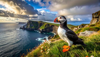 Puffin on cliff overlooking sea