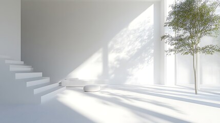 Obraz premium Bright Minimalist Interior with White Stairs, Round Ottoman, and Tree Casting Shadows in Sunlight