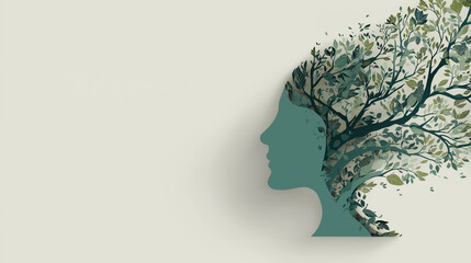 Mind Tree Poster &ndash; Stylized human head silhouette with tree branches and leaves growing inside, World Mental Health Day, empty bottom space for text, healing poster 