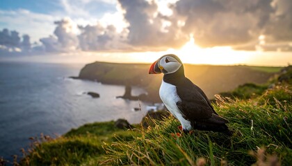 Puffin perched on cliff at sunset