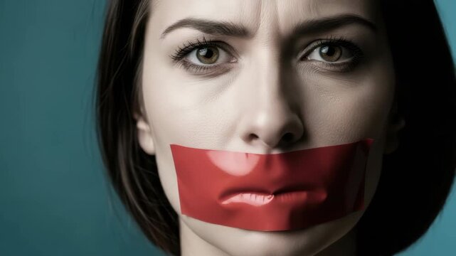 close-up of distressed womans face with wide furrowed eyes Her mouth is covered tightly by bright red glossy tape against teal background symbolizing forced silence and suppression