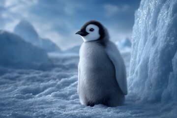 Emperor penguin chick encased in clear ice block with snowy frozen landscape