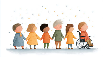 Fototapeta premium United Hearts in Harmony: A heartwarming scene depicts a group of diverse individuals holding hands, symbolizing unity, inclusion, and a shared sense of belonging. The imagery is gentle and hopeful.