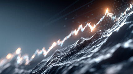 Market Ascent: An abstract visualization of the dynamic financial market, a digital representation of a fluctuating stock chart soaring skyward amidst a rugged, textured landscape.