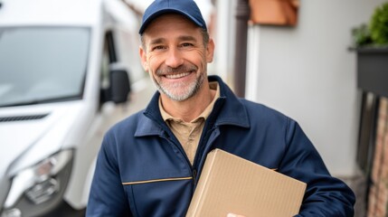 Delivery person smiling while holding package outside residential home urban setting candid shot friendly atmosphere
