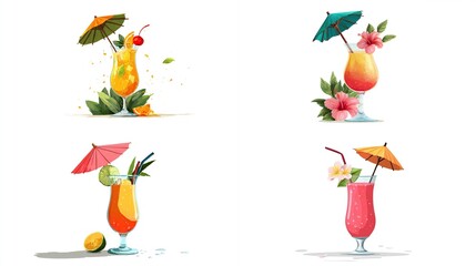 Four stylized illustrations of tropical cocktails with garnishes like umbrellas, flowers, and fruit