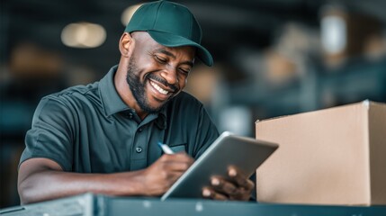 Warehouse worker smiling while using tablet logistics facility digital note-taking indoor space engaging perspective