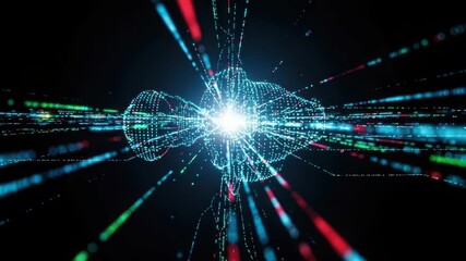 radiant central core emits bright light enveloped by pulsating digital mesh of blue and red dots Dynamic streams of blue green and red data particles rapidly flow outward through dark abstract network - Powered by Adobe
