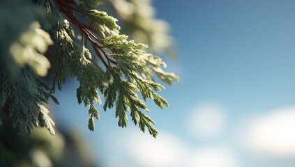 Green fronds against a bright blue sky