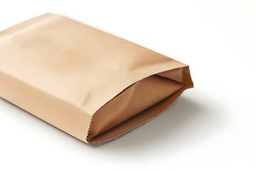 Closeup View of Brown Paper Bag Packaging Open on White Surface with Serrated Edge