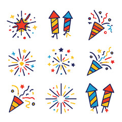 Fototapeta premium A vibrant grid of party poppers, fireworks bursts, and confetti icons in bold blue, red, yellow, and teal. Perfect for celebrations, events, and festive campaigns.
