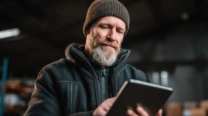 Man using tablet in industrial warehouse technology insights urban environment close-up perspective