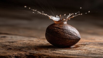 Water crown bursts from brown nut on textured wood