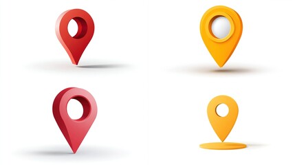 Four location markers of varying colors, two 3D with shadows and two flat, showcasing direction