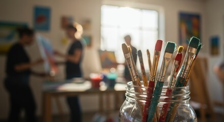Close-up of paintbrushes in a glass jar inside an art studio