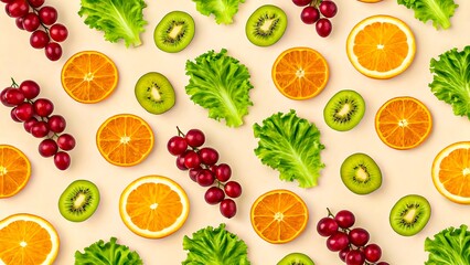 Colorful pattern of fresh fruits and vegetables with orange kiwi grapes and lettuce
