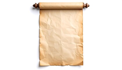 Ancient parchment scroll with rolled up and hung Isolated on white background Vintage design.