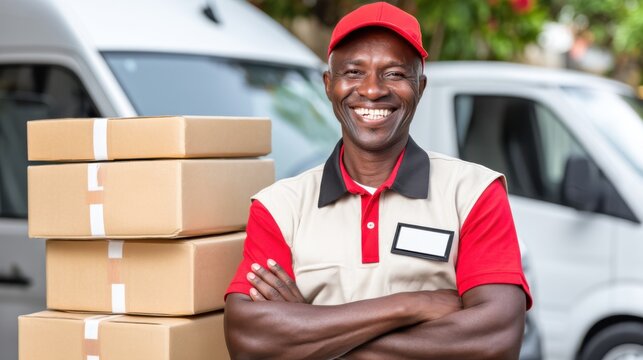 Delivery driver smiling with packages urban streets professional portrait daylight warm atmosphere customer service concept - Powered by Adobe