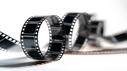 Curving Black Film Strip, Perforated Edges, Shiny Surface, Cinematic Reel on White