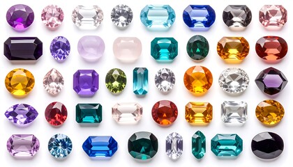 Assorted Sparkling Gemstones Collection with Variety of Colorful Precious Stones on White.