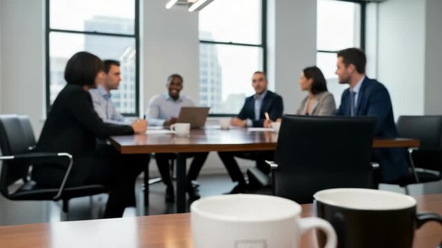 Two mugs one white and one black rest on polished wooden conference table In the blurred background six diverse professionals are seated in modern meeting room with large windows
