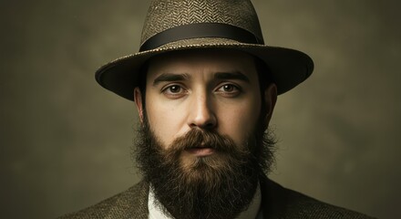 A portrait photograph showcases a man with a thick, full beard and a stylish hat, set against a muted, textured background.