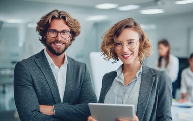 Office meeting a successful team led by the director and assistant with a tablet amidst workplace flirting