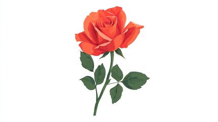 Fototapeta premium Vector illustration of a vibrant orange rose with green stem and leaves, isolated on a white background