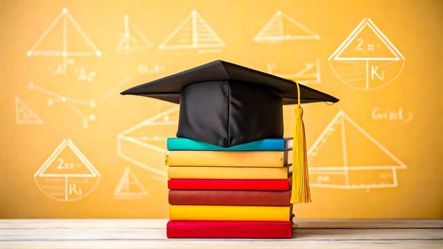 Graduation hat on colorful books with mathematics and education background