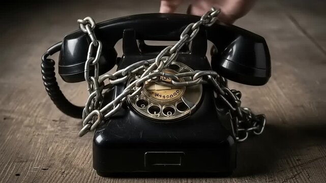 Old rotary phone locked with heavy metal chain on wooden table.