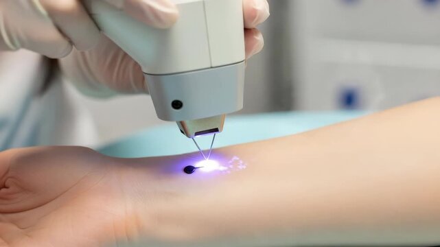 gloved hand uses specialized device to perform procedure on persons light-toned forearm A blue laser beam targets small dark spot glowing effect on the skin suggesting precise treatment
