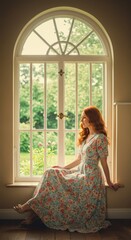 A woman with long red hair sits near a large arched window, the light filtering through, illuminating her as she gazes outside.