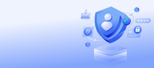 Identity Theft Protection banner illustration Cybersecurity & Digital Identity Protection modern illustration symbolizing cybersecurity and personal data protection, shield security, fingerprint