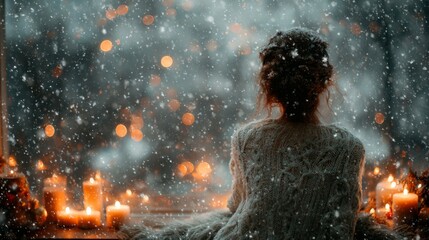Naklejka premium Winter's gentle arrival: embracing the first snow from a cozy nook. Edgy editorial. Gazing at new snowfall from the comfort of a windowsill in a white sweater. Visionary fashion.