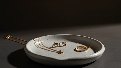 Naklejka premium Elegant Gold Jewelry on a Dark Minimalist Plate