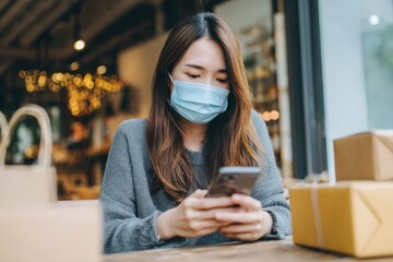 Asian woman in her twenties shopping online with her phone and digital wallet Tech savvy lifestyle Solo businesswoman in a mask
