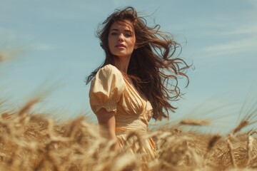 Young romantic woman with long brown hair in a wheat field Liberty The sun shines brightly Bare model Slim girl with an attractive physique