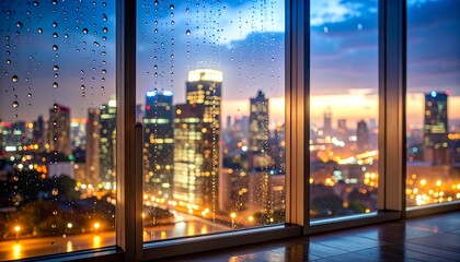 Cityscape view through rainy window with lights reflecting on skyscrapers at dusk.