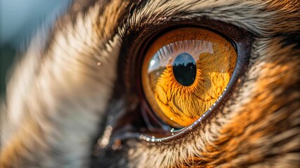 Close up animal eye with orange fur, detailed iris, sharp focus, intense gaze, macro nature reflection, and feather texture in wildlife - Powered by Adobe