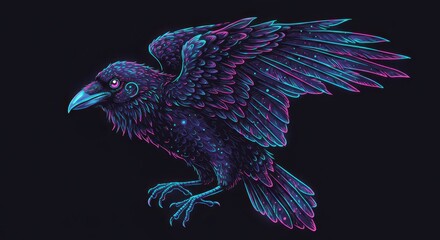 Fototapeta premium Depicting a digitally rendered illustration of a raven with vibrant glowing neon colors, the artwork showcases intricate details and the bird is posed against a dark, solid black background