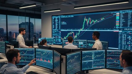 Professionals in an office analyze real-time market data on numerous monitors and large wall display showing complex financial charts and trends A cityscape is visible through large windows - Powered by Adobe