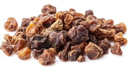 Obraz premium Heap of Dark Brown Dried Dates Fruit Pieces Isolated on White Background