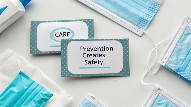 Flatlay of safety themed cards and medical supplies on white surface