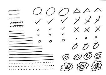 手書きのマーカー線と丸バツ記号セット