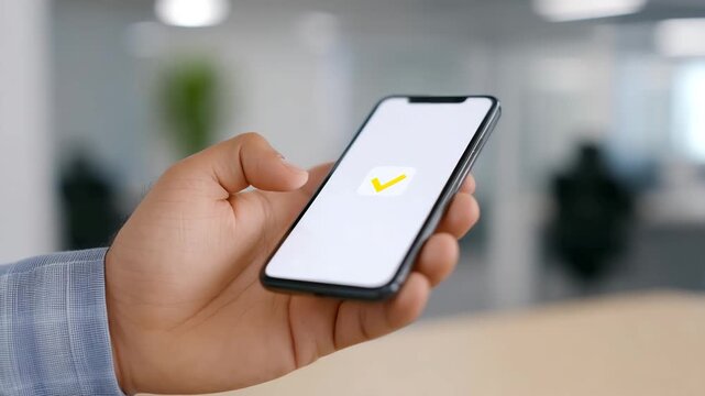 Hand holding smartphone with check mark on screen, mobile technology, digital approval, business success, verification, secure authentication, close up, positive result, modern office, confidence